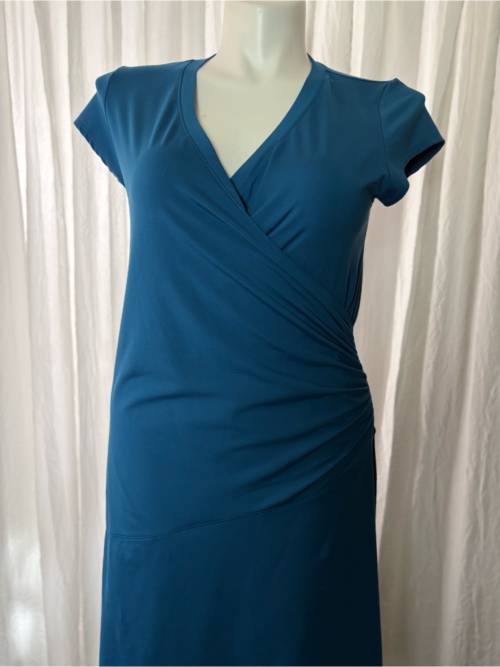 Athleta Teal Faux-Wrap Midi Dress with Side Ruching - Picture 4 of 7